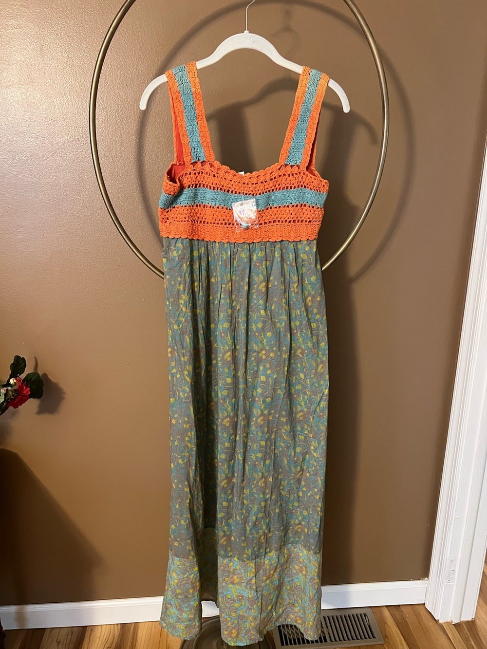 Sundance NWT Orange Crochet-Top Green Floral Maxi Dress